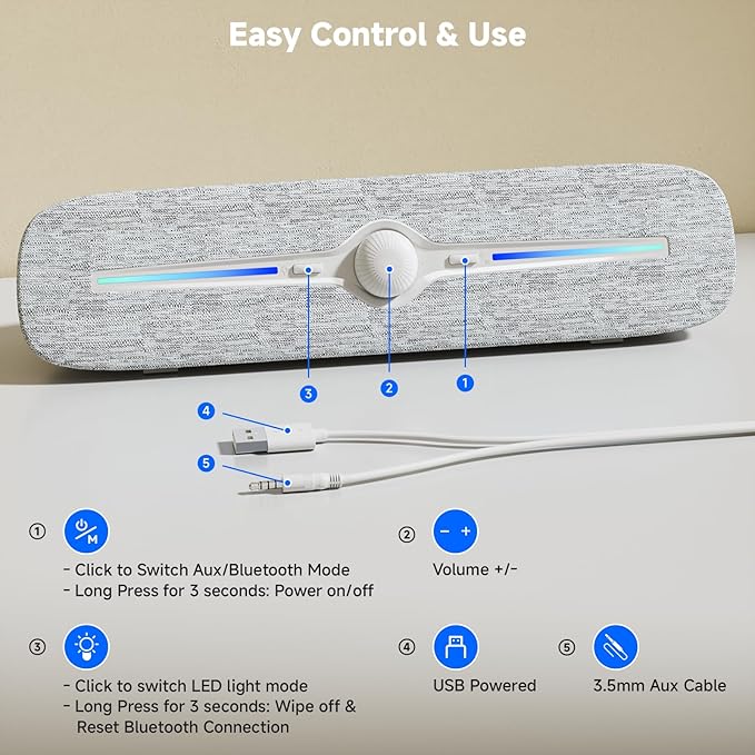 SOULION R90 Bluetooth Computer Speakers for Desktop, USB Powered 3.5mm AUX PC Speakers with LED Dynamic Light, Portable Soundbar Speaker with Rotary Volume Control for Laptop Monitor, White