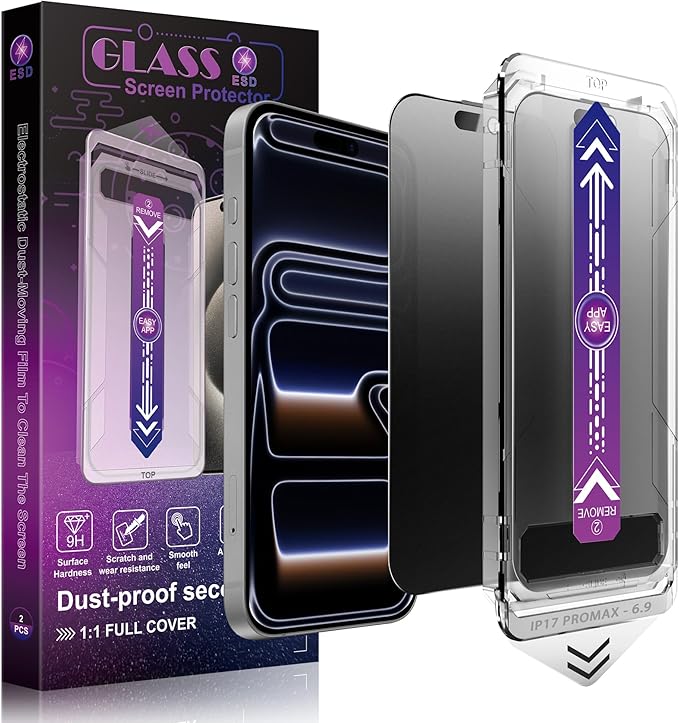 Matte Privacy Screen Protector for iPhone 17 Pro Max 6.9-Inch, Auto Dust Removal, 9H Anti-Spy Tempered Glass Film, Full Cover, Anti-Fingerprint, Easy Installation, 2 Pack