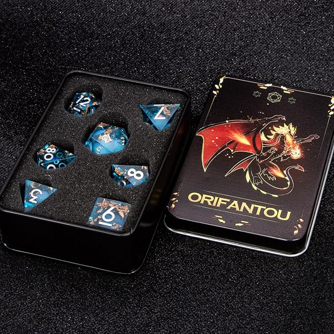 DND Dice Blue Liquid Core Dice Set with Metal Box, Handmade Sharp Edge D and D Polyhedral Dice for use with RPG D&D Role Playing Game