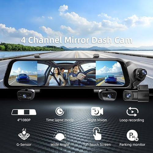 12" 4K+1080Px3,4 Channel Mirror Dash Cam Front and Rear with STARVIS Sensor, Rear View Mirror Camera,Back up Camera for Cars,8 IR Night Vision,WiFi,GPS,Voice Control,Free 64G SD
