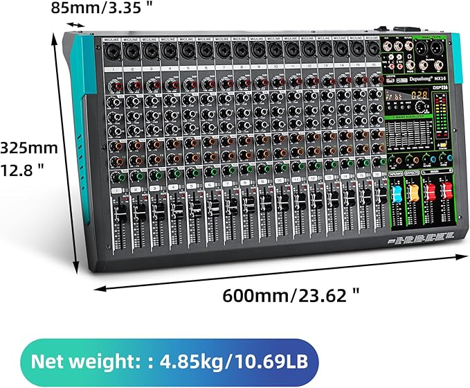 Depusheng MX16 16 Channel Sound Mixer Audio Mixing Console 48V 256DSP Professional USB PC Play Record Podcast Live Broadcast (US MX16)