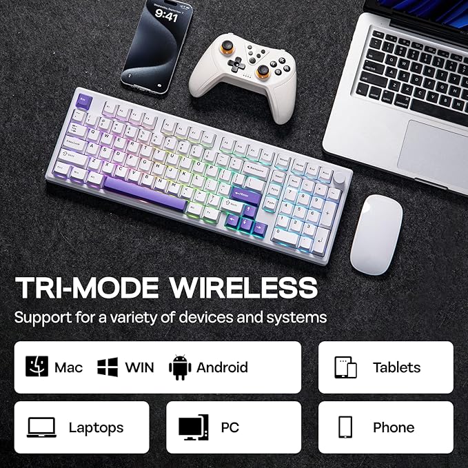 EPOMAKER Galaxy100 QMK/VIA Wireless Mechanical Keyboard with 8000mAh Battery and Numpad, CNC Aluminum, Full Size Gaming Keyboard, USB-C/BT5.0/2.4Ghz (White Purple, Wisteria Linear Switch)