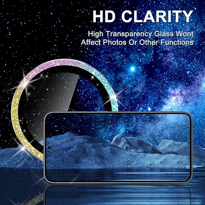 for Samsung Galaxy S24 Plus Camera Lens Protector, Individual Metal Ring Tempered Glass Lens Cover, [Strong Adsorption] Scratch Resistant Ultra-Thin HD Clear Lens Cover, 1 Set-Colorful Sparkly