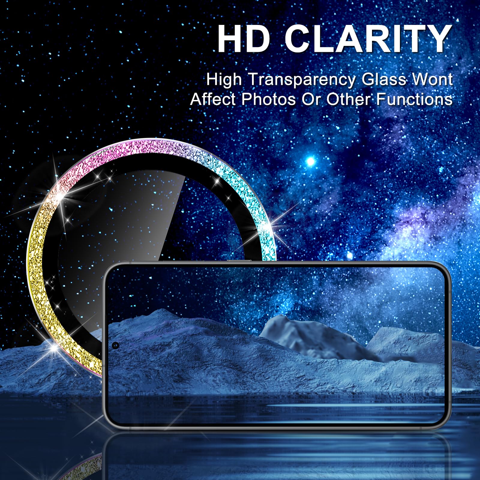 Avocase for Samsung Galaxy S24 Plus Camera Lens Protector, Individual Metal Ring Tempered Glass Lens Cover, [Strong Adsorption] Scratch Resistant Ultra-Thin HD Clear Lens Cover, 1 Set-Colorful Sparkly