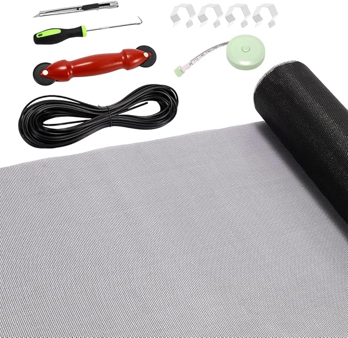 FLYZZZ Window Screen Door Repair Kit, 59‘’X118‘’ Fiberglass Mesh Replacement with Roller Tool/Hook/Spline/Cutter/Clips/Ruler, 7-in-1 Sliding Patio Door & Screen Door Repair Kit, Black