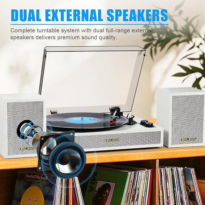 Vinyl Record Player with External Speakers, 3 Speed Vintage Belt Drive Turntable Record Player with Stereo Speakers RCA Audio Out and Aux-in, White Wood