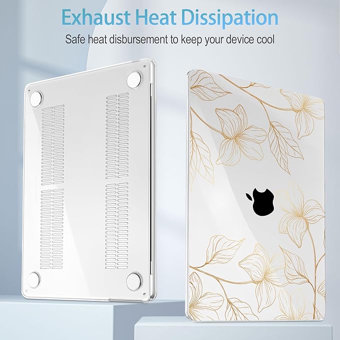 Mektron for 2025 M4 MacBook Air 13.6 Inch A3240 Case Fits 2023 A2681 M2 2024 A3113 M3 Chip with Liquid Retina Display Touch ID, Printed Plastic Hard Shell Cover for MacBook Air 13.6", Gold Flower S718