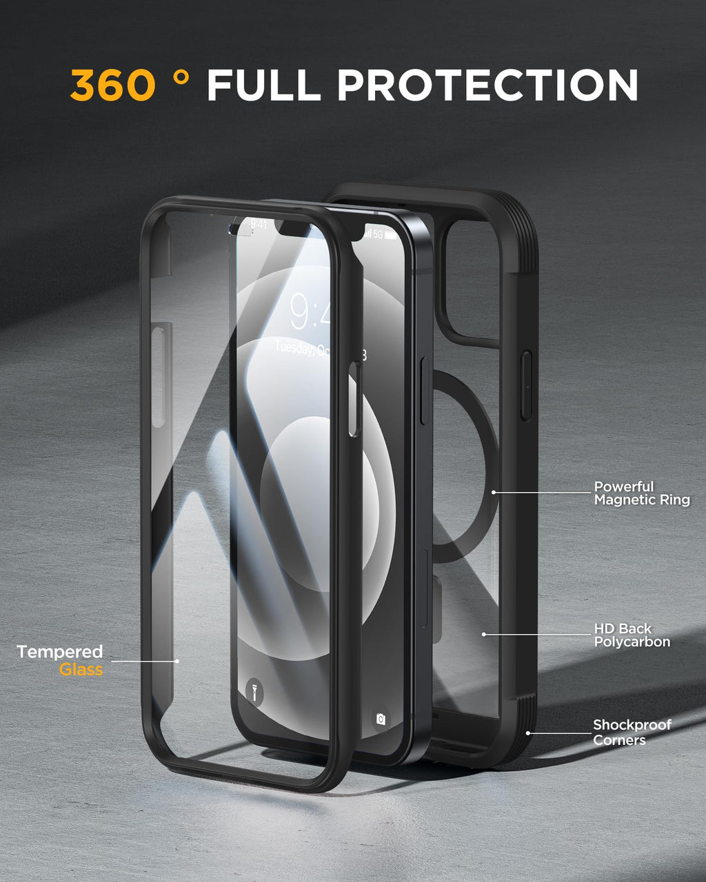 Miracase Magnetic for iPhone 12 mini Case, [360 Full-Body Protection & Complete Camera Guard], Drop & Scratch-Resistant, Shockproof, Stylish Clear iPhone Case, iPhone 12 mini Cover, Black