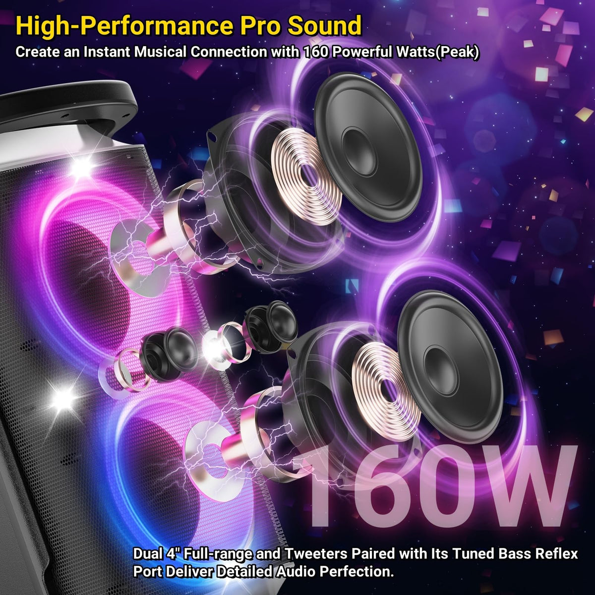 QxbJoy Portable Bluetooth Speaker: 160W Peak Powerful Loud Sound Deep Bass Wireless Boombox Large Subwoofer 15 Hours Battery Life Fast Charging with Led Light Show for Party Outdoor Camping Backyard