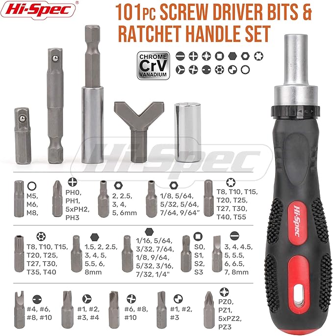 Hi-Spec 101pc Multi Bits Screwdriver & Ratcheting Handle Tool Set Kit. Complete 1/4” Hex Screwdriving with Tamper Proof Security Driver Bits