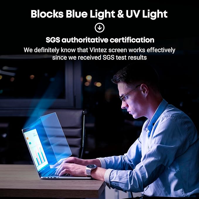 VINTEZ Blue Light Screen Protector for 15.6 Inch Computer Monitor and Laptop – Anti-UV Blue Light Blocking Film for Desktop PC, Eye Protection Filter, 14.2" x 8.7", 1 Pack