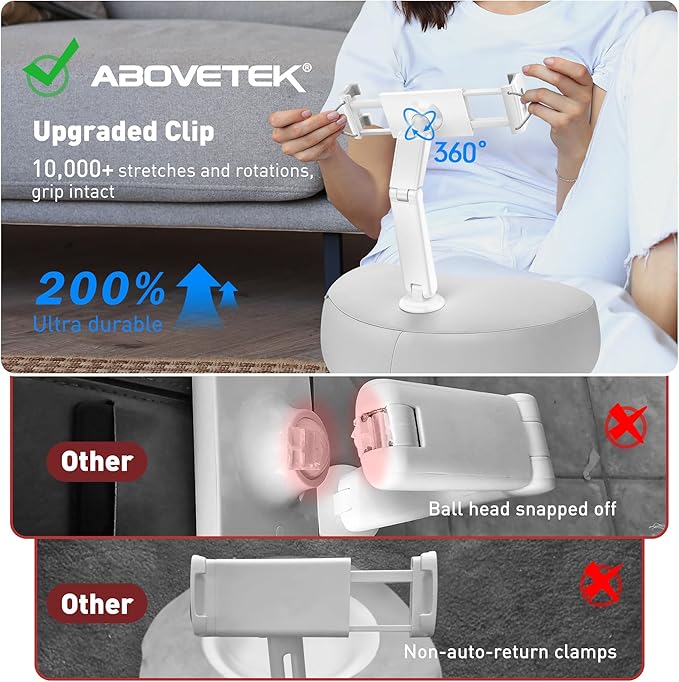 AboveTEK Tablet Pillow Stand for Bed, Hands-Free 360° Adjustable iPad Pillow Holder for Lap Reading w/Soft Bean Bag, Ideal Gift for Mom, Fits 4.7" to 12.9" Tablet, Phone, Kindle - Gray
