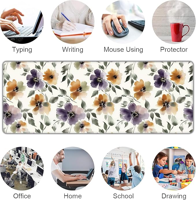 Watercolor Floral Large Mouse Pad,Gaming Keyboard Desk Pad,Extended Mouse Mat Non-Slip Rubber Base with Stitched Edges for Office Game Home XL 31.5"x11.8"