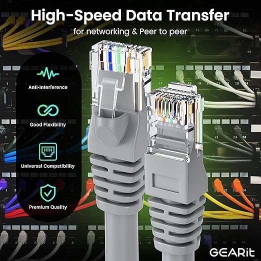 GEARit Cat 6 Ethernet Cable (5-Pack 3 Feet) Cat6 Network Patch, 10Gbps, RJ45, Snagless Cord, Gold-Plated Connectors, Internet for PC, TV, Tablet, Router, Printer, Servers, IT Data Center - Gray