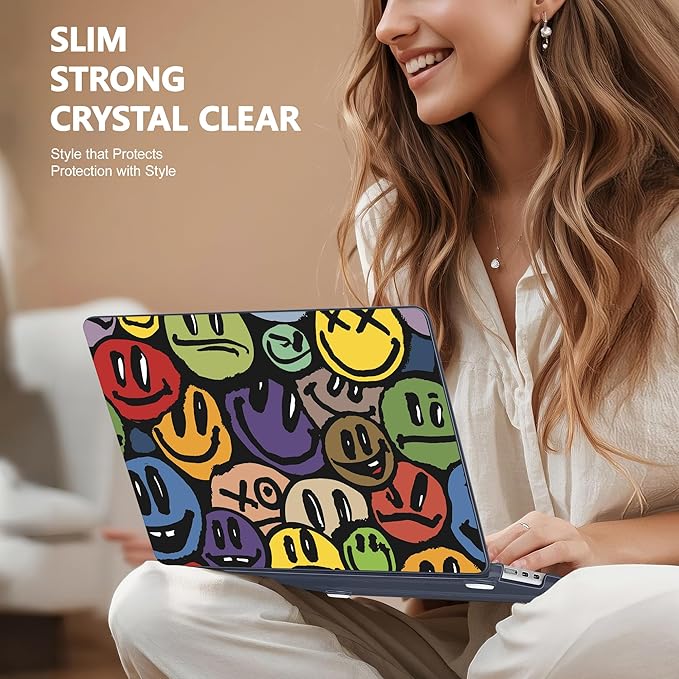 Case for MacBook Air 15 Inch 2025 2024 2023 Release M4 A3241 M3 A3114 M2 A2941, Hard Shell with Screen Protector & Keyboard Cover, Compatible with Touch ID, Happy Emoji