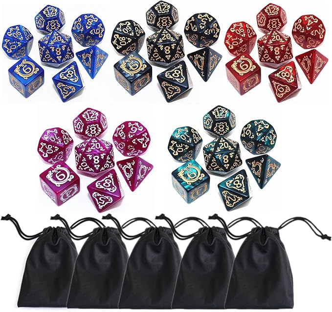 Polyhedral DND Dice Set, 5 Pack Vintage Dragon-Patterned Dice Sets Compatible with Dungeons and Dragons D&D RPG Games,35 Pieces (5 Colors with Black)