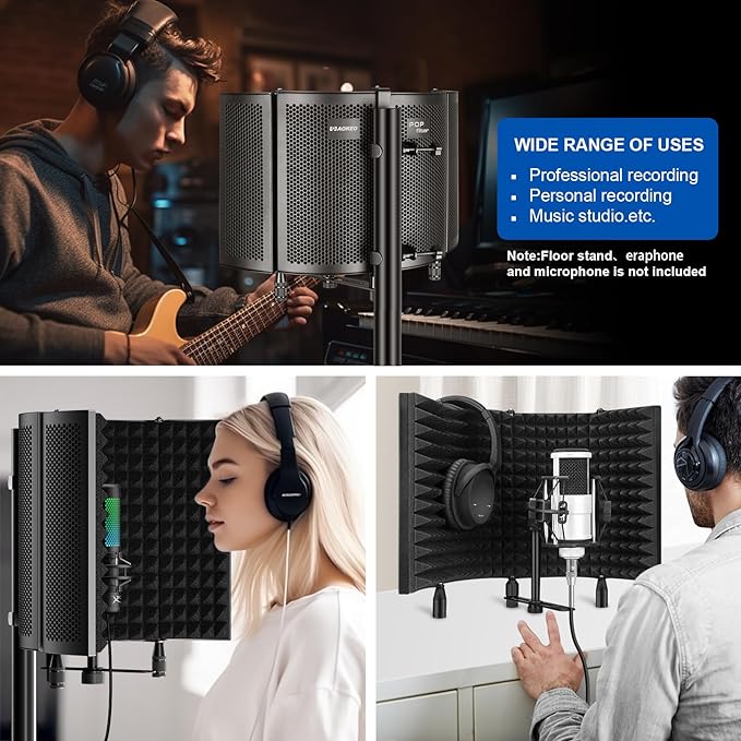 Aokeo Studio Recording Microphone Isolation Shield, Pop Filter.High density absorbent foam is used to filter vocal. Suitable for blue yeti and any condenser microphone recording equipment