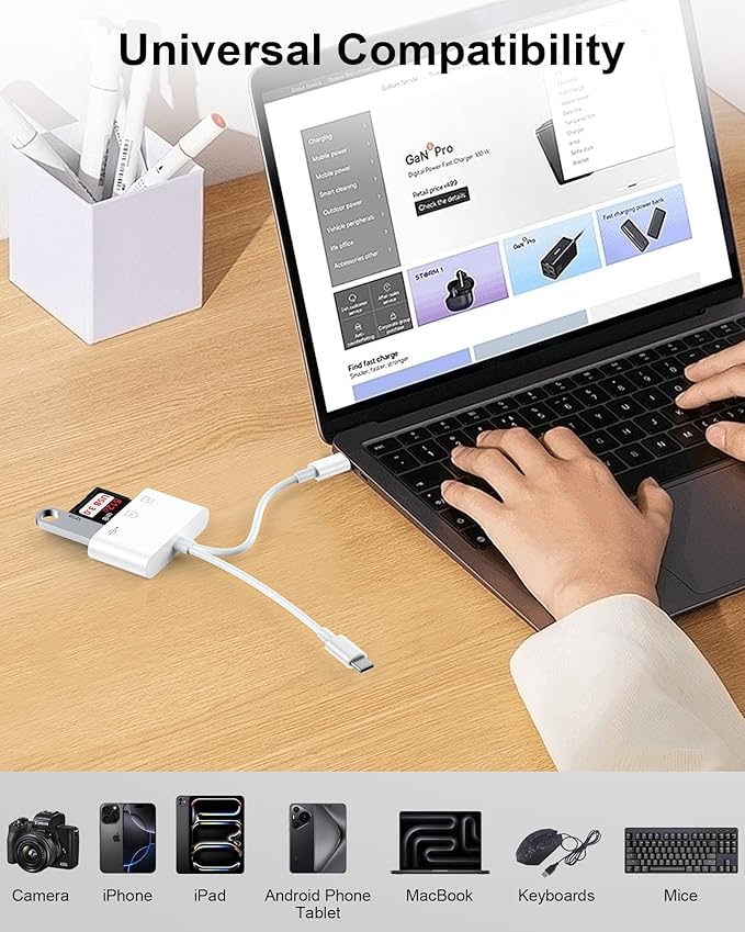 SD Card Reader for iPhone/iPad/Mac, USB C and Lightning Dual Port Memory Card Adapter, 3-in-1 Camera SD Card Viewer Support SD, Micro SD, USB 3.0 Slot, Digital Camera Adapter for Samsung and Android