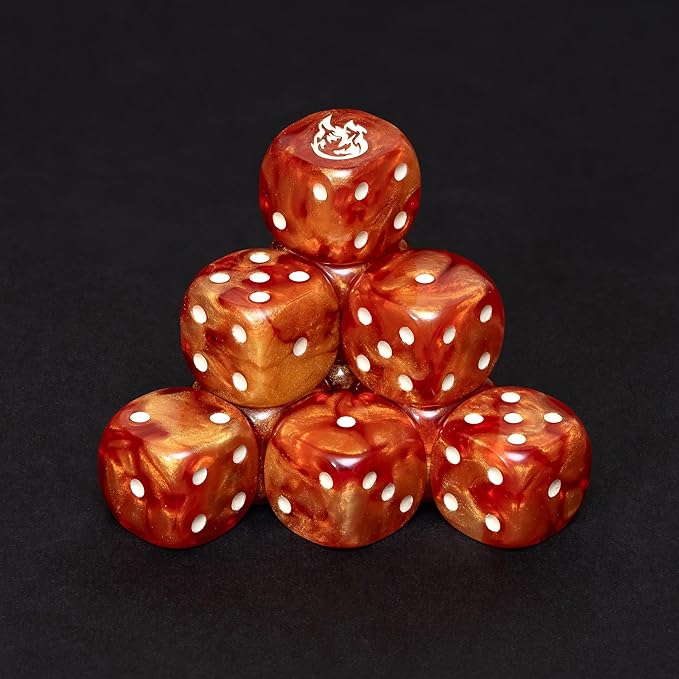 Fireball D6 Dice Set – 10 x 16mm Red & Orange Pearl Dice with Explosion Symbol | Fantasy Tabletop Dice for RPG, Wargames & Roll Damage