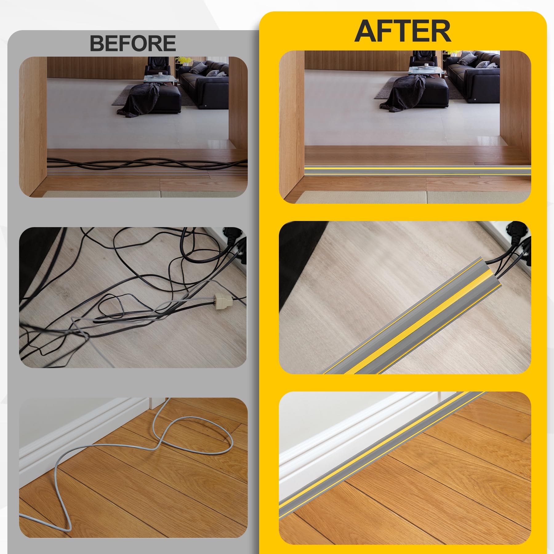 Floor Cord Cover 10Ft Heavy Duty PVC Floor Cable Protector Electric Cord Hider Cable Management Floor Strip Extension Cord Covers Cable Raceway for Wires on Floor Inner Channel 1.36" W x 0.43" H -Gray