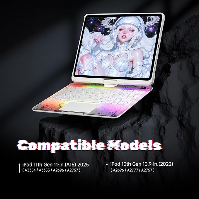 KITONE Transparent Case with Wireless Keyboard for iPad 11th Gen 11-in.(A16, 2025), 2022 iPad 10th Gen 10.9-in, 7 Colors Backlight, Trackpad, 360°Rotating Stand, Tech Style