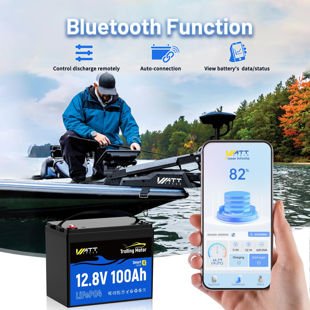 Wattcycle 12V 100Ah LiFePO4 Battery, Lithium Battery 12V 120A BMS, IP67 Marine Batteries for Trolling Motor, Built-in Bluetooth, Monitor, Mobile APP, Perfect for Boat, Marine, RV, Home Energy, Solar
