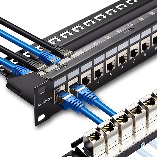 Lysymixs 24 Port RJ45 Patch Panel Cat7 STP Feed Through, Coupler Network Panel 19 Inch, Inline Keystone Ethernet Patch Panel with Back Bar