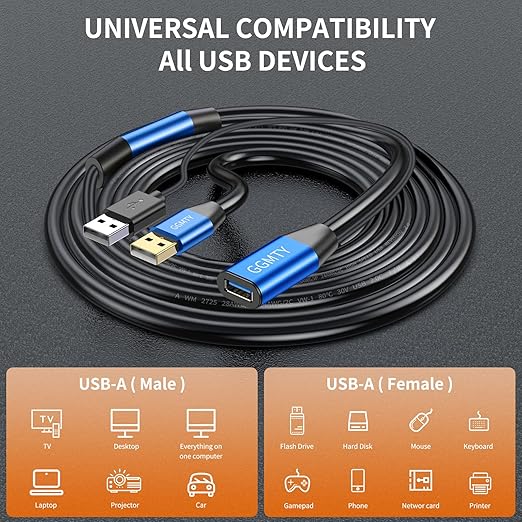 USB 2.0 Type A Male to A Female Active Repeater Extension Cable 50ft, High Speed 480 Mbps