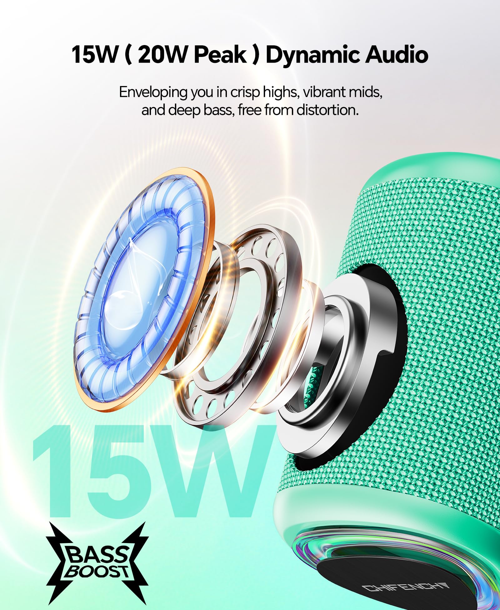 Portable Bluetooth Speaker Beach Essentials: Powerful Crystal Clear Sound/Dynamic Light/IPX5 Waterproof/All Day Playtime/Wireless BT 5.3/TWS Paring, Dad Gifts, Outdoor|Travel|Camping|Pool Accessories