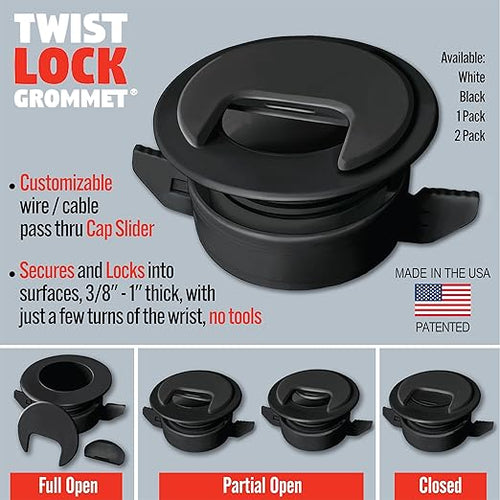 (2-Pack Black) Cable, Wire & Cord Management - Self Locking Grommet with Cover for Walls, Ceilings, Desks, Used for All Surfaces 3/8” to 1” Thick, Made in USA