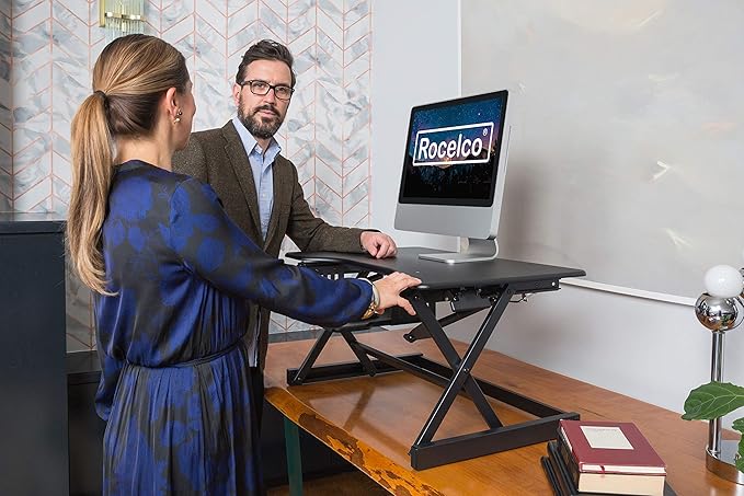 Rocelco 40" Large Height Adjustable Standing Desk Converter with Anti Fatigue Mat BUNDLE - Tall Quick Sit Stand Up Computer Workstation Riser - Retractable Keyboard Tray - Black (R DADRB-40-MAFM)