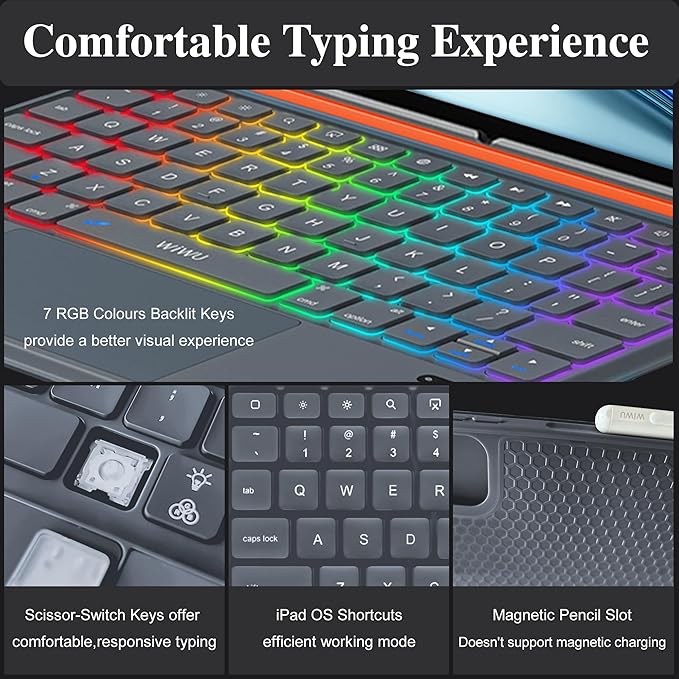 WIWU Keyboard Case for iPad Air 13 Inch 3 in 1 Magnetic Detachable Keyboard Case Adjustable Stand 7 Colours Backlit Keys with Trackpad (Grey, for Air 13"(M3/M2) Pro 12.9" 6/5/4/3)