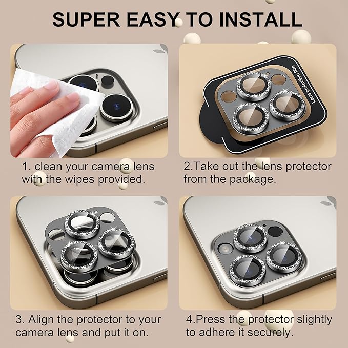beuxece Compatible for iPhone 16 Pro/iPhone 16 Pro Max Camera Lens Protector, Bling Metal Tempered Glass Camera Screen Cover Accessories [Strong Adsorption][Case-Friendly]- Glitter Titanium Natural