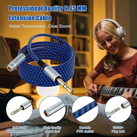 LDKCOK 1/4 inch TRS Extension Cable 10ft, 1/4" Male to Female Stereo Headphone Guitar Cable