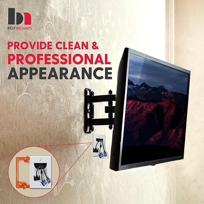 2 Pack Wall Plate Cable Pass Through with Bracket - In Wall Cable Management Kit - Recessed Cable Wall Plate Pair with Single Gang Low Voltage Mounting Bracket - Decorator Cover for Low Voltage Cables