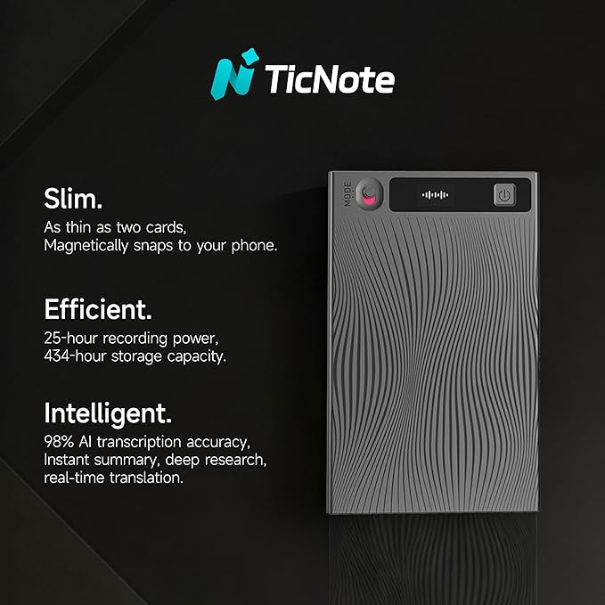 Mobvoi TicNote AI Voice Recorder 64GB Memory Note Recorder w/Case App Control 100+Languages Transcribe Summarize with AI Shadow Digital Audio Recorder for Phone Calls Lectures Meetings Interviews