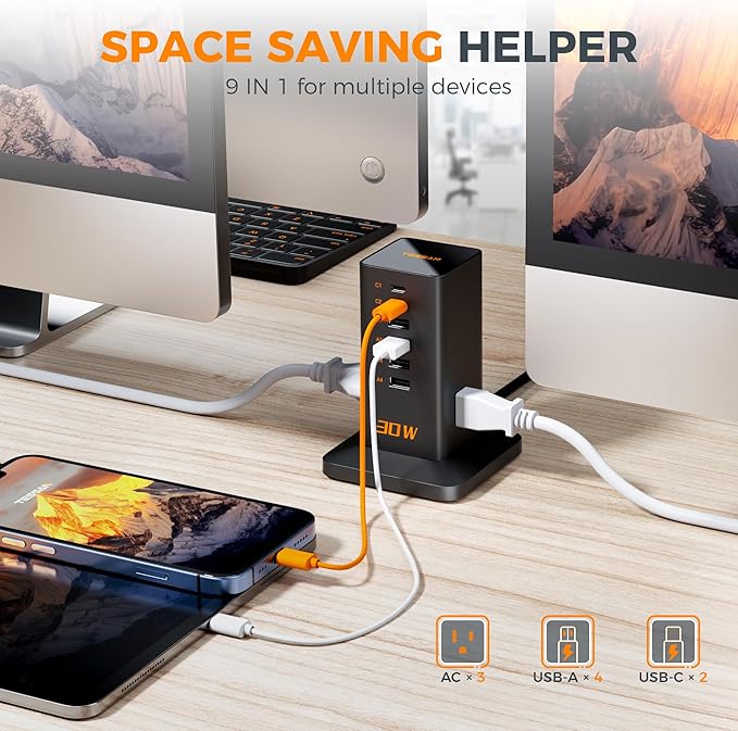 Charging Station 30W, TESSAN 9-in-1 Charger Blocks for iPhone 16/15/14/13, Tablets, Earphone with Surge Protector, 5ft Flat Extension Cord with 4 USB A, and 2 USB C for Home, Office, Drom, Black