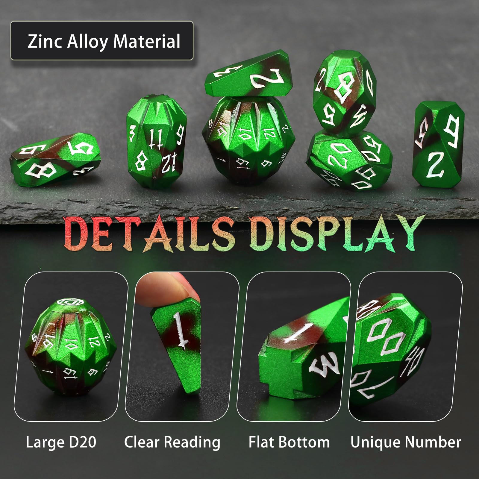 FONVGOGO Metal DND Dice for Dungeons and Dragon, Metal Dice Set D and D with Cardboard Box Unique Cool RPG Polyhedral Dice for Role Playing Tabletop Games Gifts (Black Green)