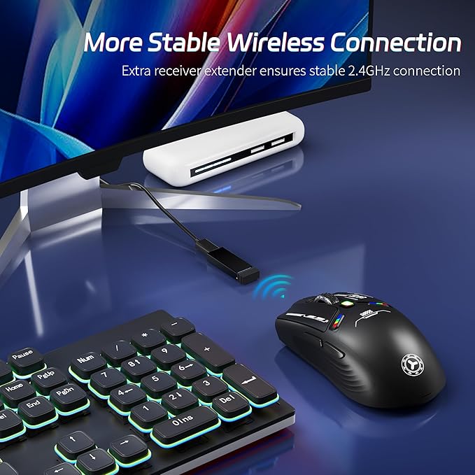 TENMOS M530 Wireless Gaming Mouse, 2.4G/Bluetooth/USB C Wired Rechargeable Mouse, 12000 DPI, RGB, 6 Programmable Buttons, Honeycomb Magnetic Cover, with Receiver Extender for Laptop/PC/Mac, Black