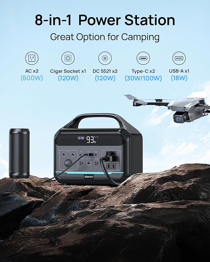 DARAN Portable Power Station 600W(1200W Surge) - 288Wh(90,000mAh) Solar Generator LiFePO4 Battery with AC DC Outlets, 8.3LB Portable Charging Station for Camping, RV, Home, Emergency (Solar Optional)