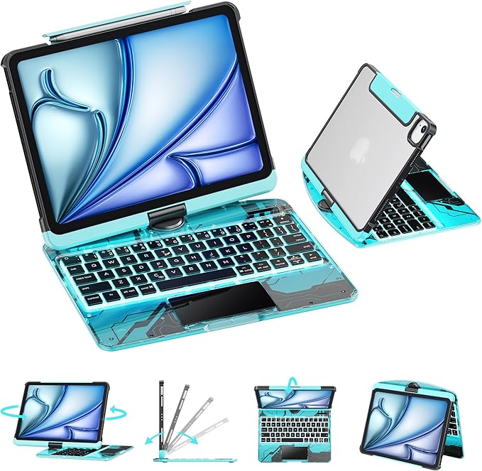 GUSGU Transparent Case with Wireless Keyboard for iPad Air 13-in.(M3/M2, 2025/2024), 7 Colors Backlight, Trackpad, 360°Rotating Stand for iPad Pro 12.9-in (6/5/4/3 Gen), Tech Style