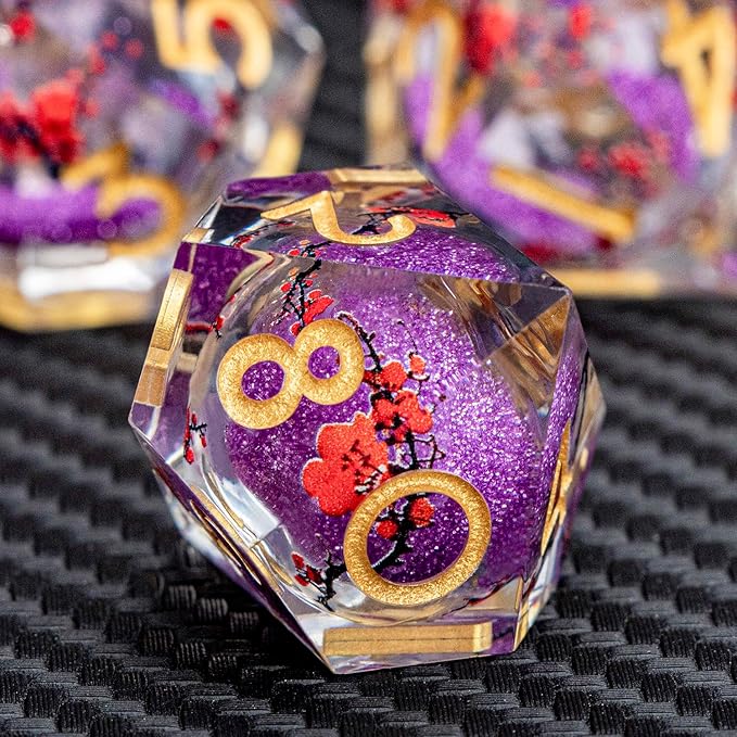 ARUOHHA DND Resin Dice Plum Blossom Liquid Core Purple Sharp Edged Polyhedral Dragons Dice Set with Gift Box, Dungeons D and D Dice Role Playing Game D20 D12 D10 D8 D6 D4