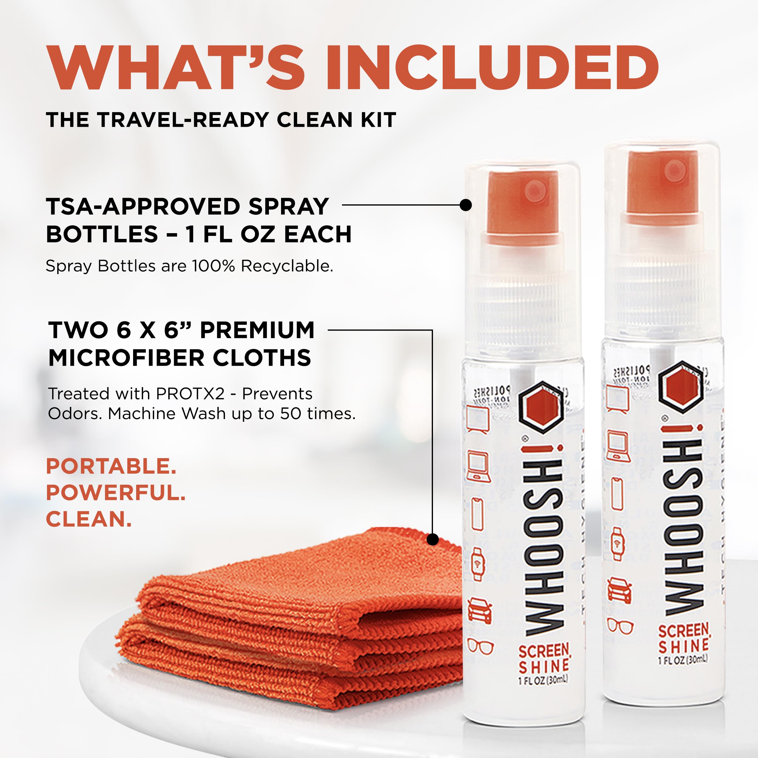 WHOOSH! Screen Shine Go 2-Pack – Two 1 fl oz Refillable Touchscreen Cleaners with Microfiber Cloths for Car, iPad, Laptop and Eyeglasses – Powerful Streak-Free Cleaning – Pocket-Sized, TSA-Approved