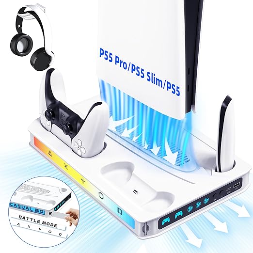 ZYTHRONE PS5/Pro/Slim Stand for Disc & Digital Console, PS5 Cooling Station with Dual Controller Charger for Playsation 5, RGB Light, Cooling Fan, Headset Holder,DIY