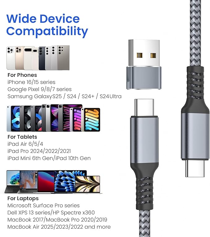 Elebase USB Type C to C 100W Cable 10FT with USB Adapter,Fast Charging PD Charger Cord for iPhone 16 15 Pro Max Plus,Samsung Galaxy S23 S25 S24,Car Play,MacBook Mac,iPad 10,Z Flip Fold 5,Ultra,A53 A54