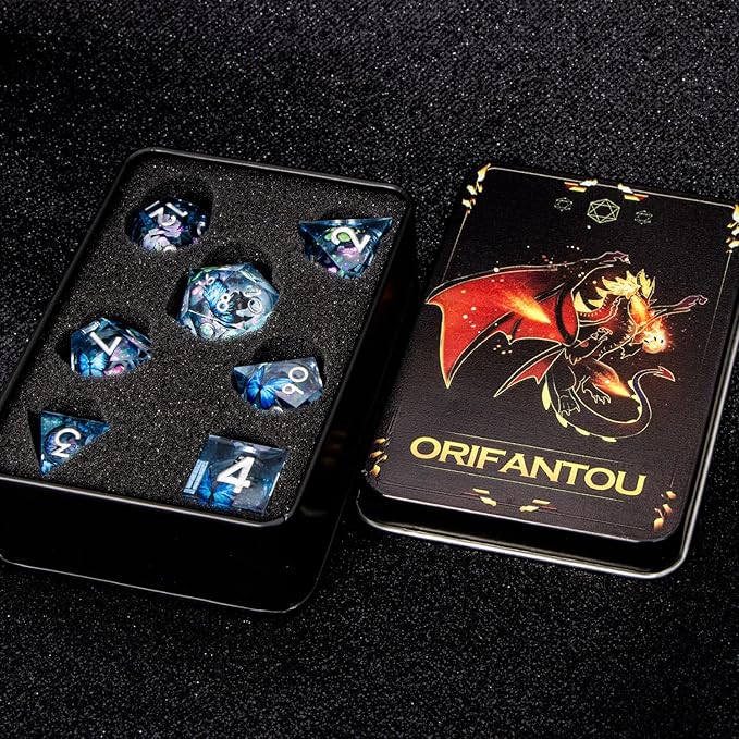 Butterfly DND Dice Colorful Blue Liquid Core Dice Set with Metal Box, Handmade Sharp Edge D and D Polyhedral Dice for use with D&D Role Playing Game, D20 D12 D10 D8 D6 ﻿