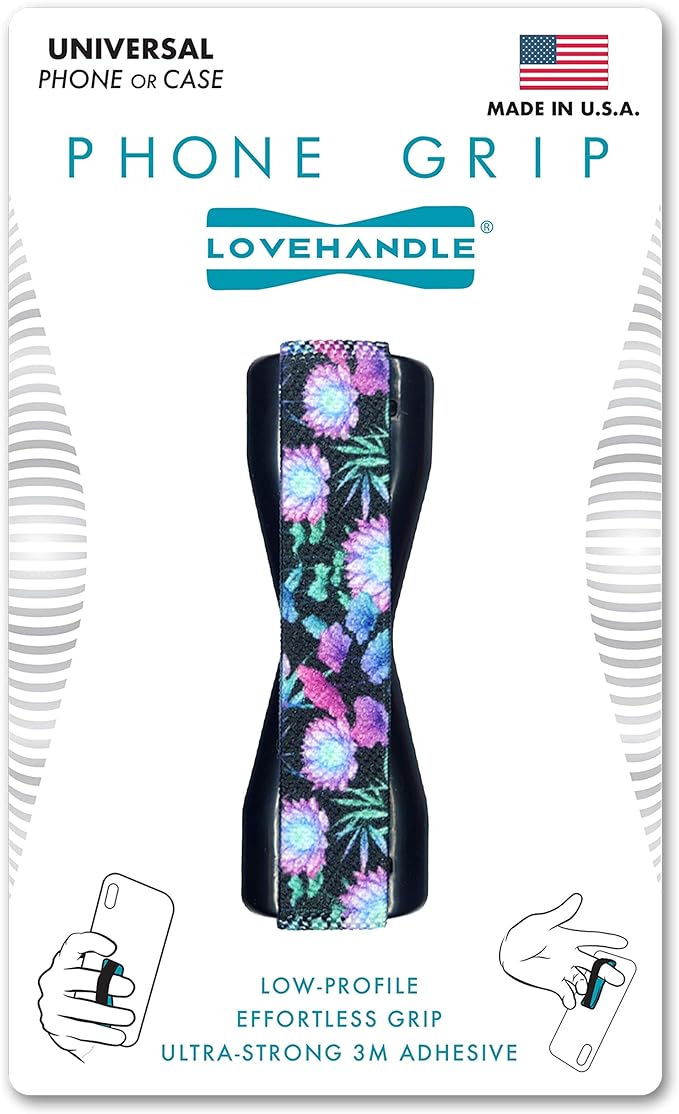 LOVEHANDLE Universal Phone Grip for Smartphones & Mini Tablets - Phone Holder for Hand - Wireless Charging Compatible - Made in The USA - Neon Flowers