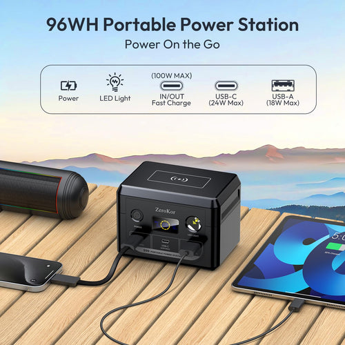 100W Portable Power Station, 96Wh Small Generator 30000mAh LiFePO4 Battery with USB C Fast Charging for Laptop, Outdoor Camping Portable Power bank for RV Home Office Emergency Power Supply