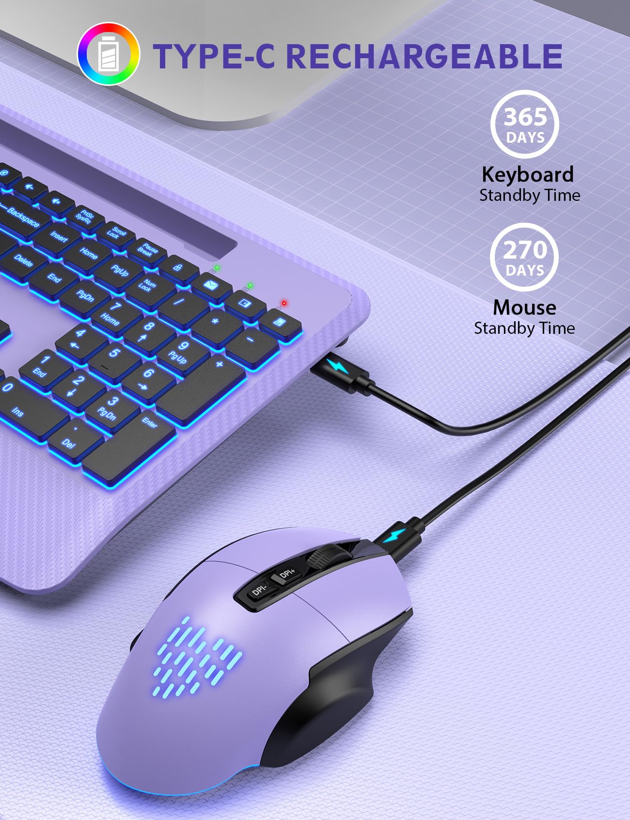 Wireless Keyboard and Mouse Backlits, Wrist Rest, LED Mouse, Rechargeable Ergonomic Keyboard with Phone Holder, Silent Light Up Combo for Computer, Mac, PC, Laptop, Chromebook (Purple)