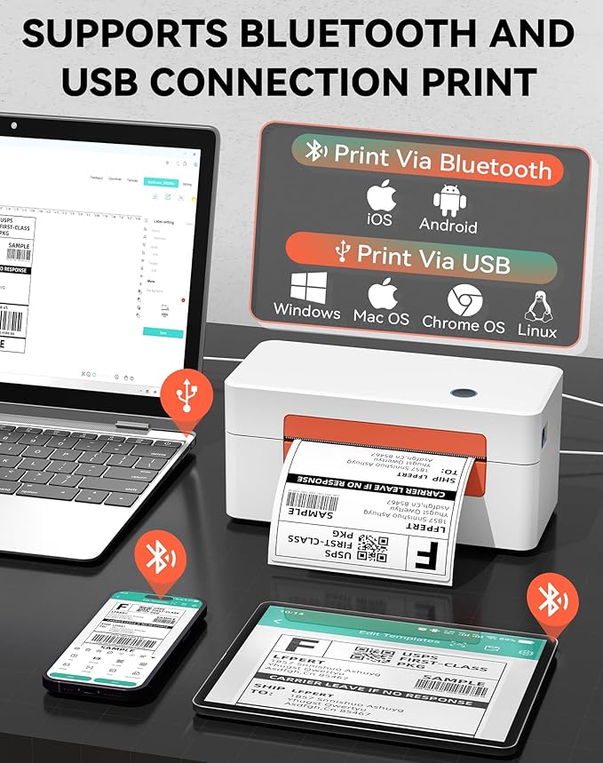 Bluetooth Thermal Label Printer, Wireless 4x6 Shipping Label Printer for Small Business & Shipping Package Compatible with Android, iOS, Windows & Mac, Used for Amazon, Ebay, Shopify, USPS Etc